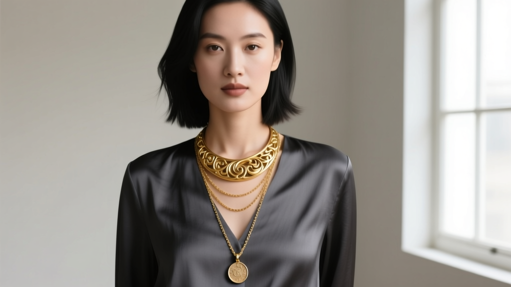 Woman wearing an 18-inch gold vermeil pendant necklace layered with a 16-inch chain and a longer coin pendant on a dark blouse
