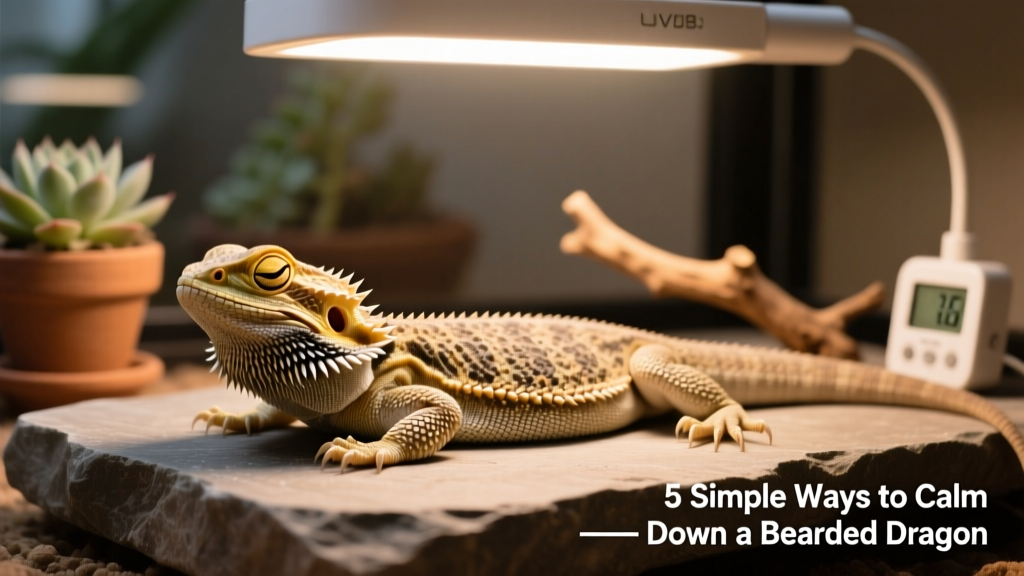 A healthy bearded dragon basking calmly under a UVB lamp with eyes half-closed and beard relaxed