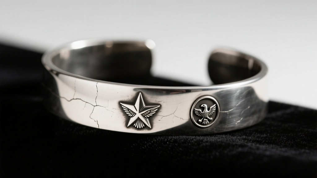 Polished vintage Taxco sterling silver cuff bracelet on dark velvet, displaying a distinct star and eagle assay hallmark stamp.