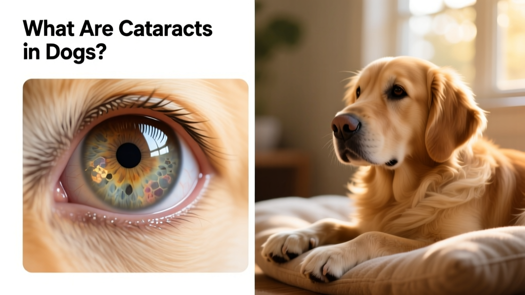Side-by-side illustration showing a healthy dog eye lens versus one affected by cataracts, highlighting cloudiness and light blockage