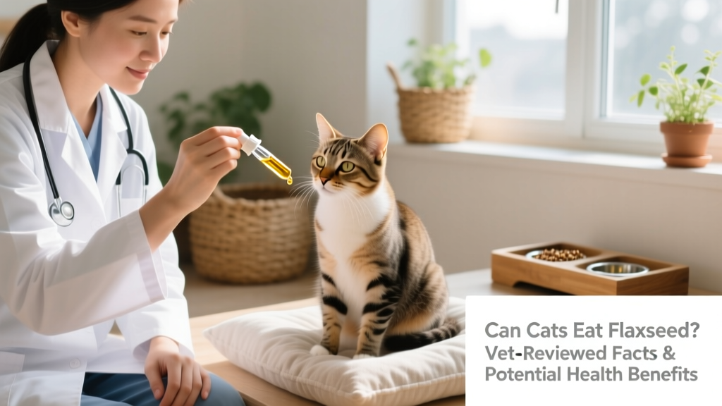 Veterinarian holding a small dropper of golden flaxseed oil next to a calm, seated cat