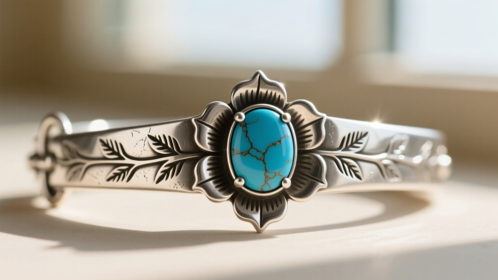 Macro shot of sterling silver western choker clasp with stamped desert rose motif and a bezel-set stabilized turquoise cabochon