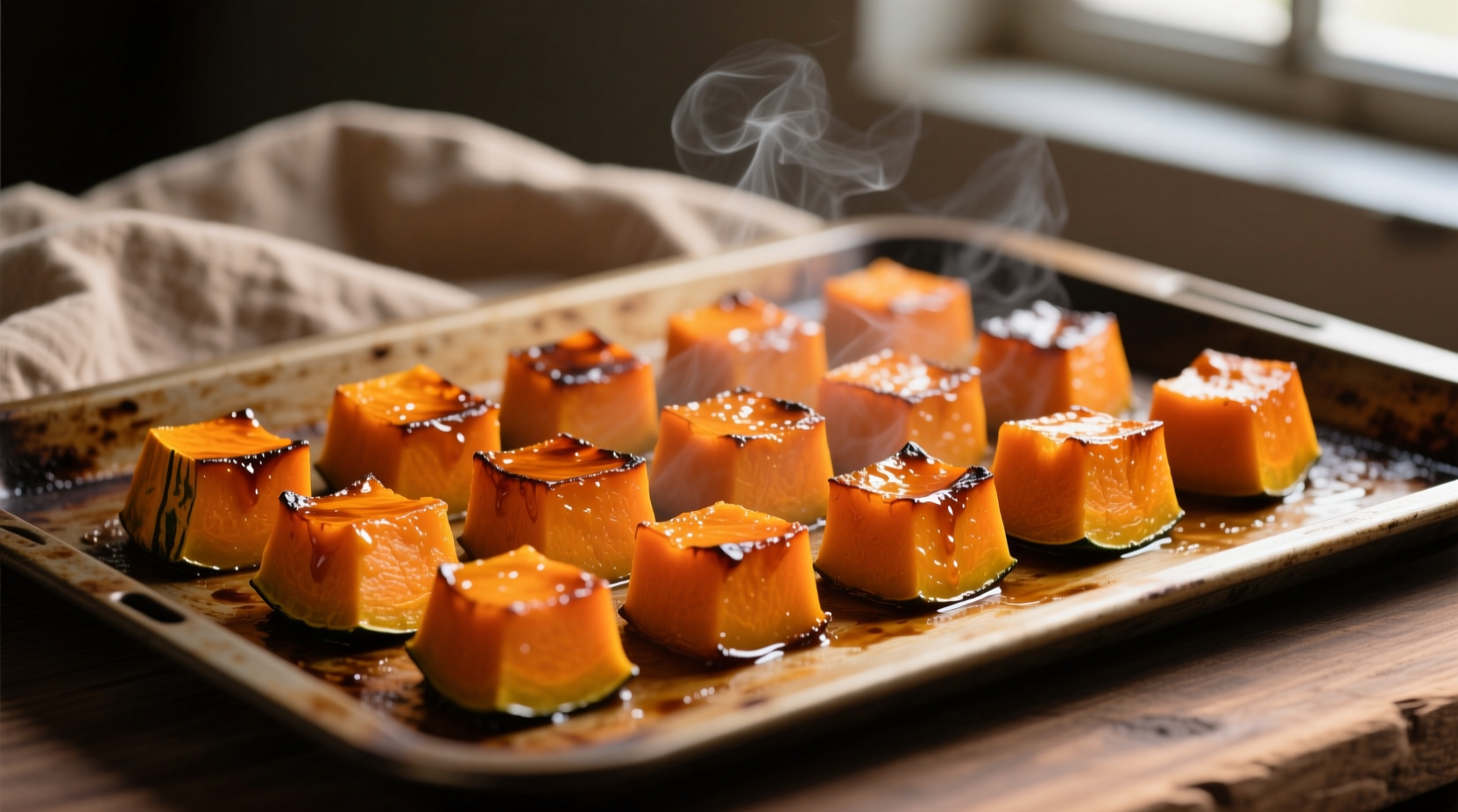 Perfectly roasted butternut squash cubes on baking sheet