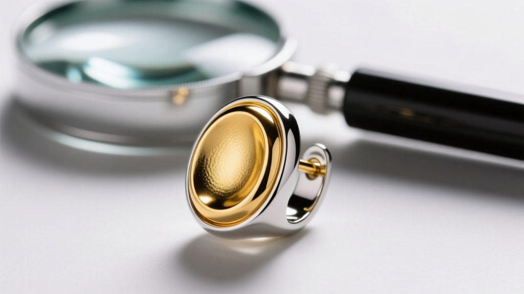 Macro view of thick gold vermeil plating over a silver earring base, with a jewelers loupe resting in the blurred background
