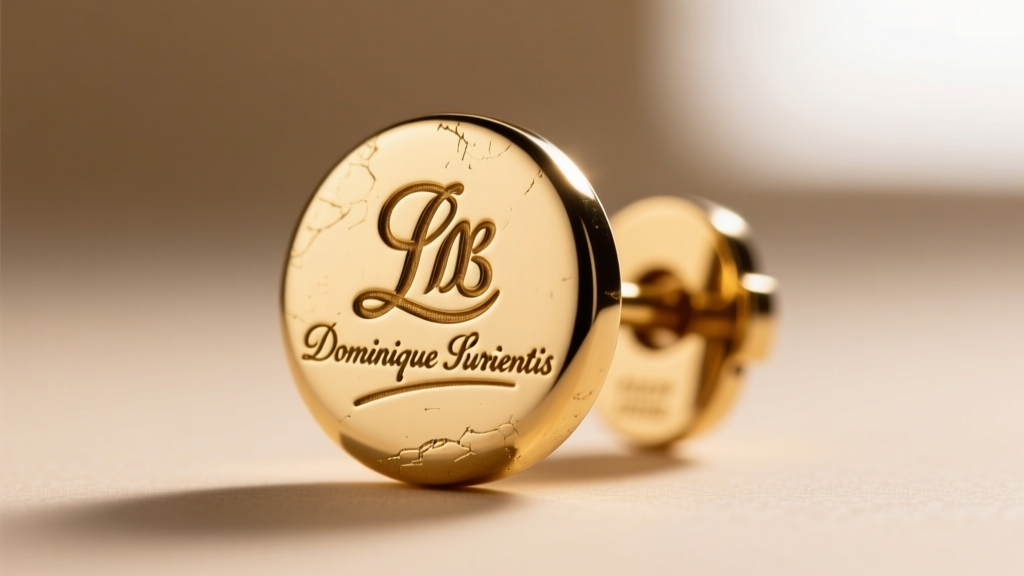 Macro photo of a Dominique Aurientis earring clasp showing the engraved signature stamp and thick vintage gold plating texture.