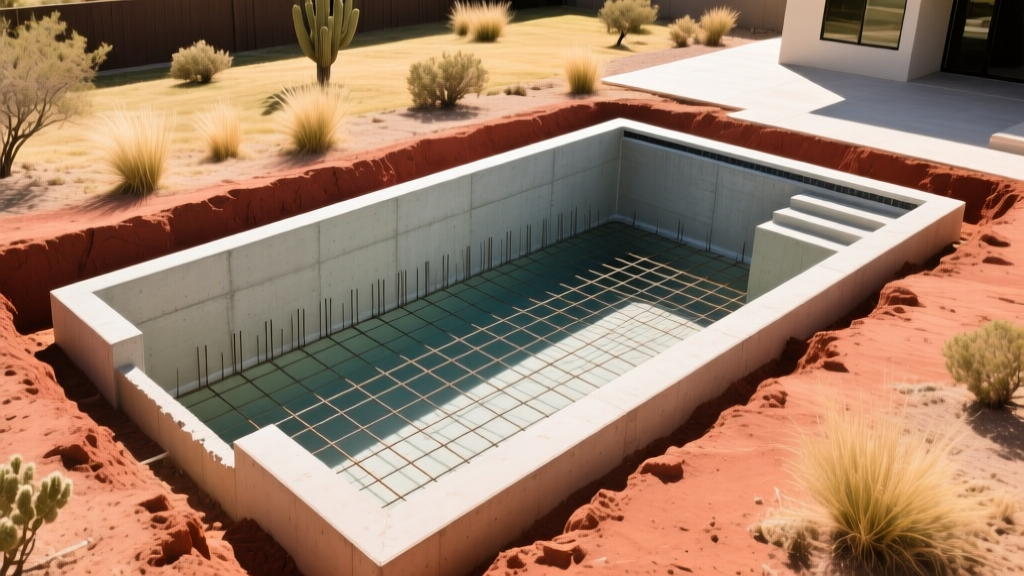 Aerial view of an excavated gunite pool shell in a Texas backyard, showing red clay soil edges and a steel rebar grid