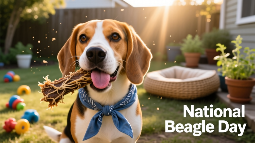 A Beagle happily chewing a natural dog treat while wearing a blue bandana
