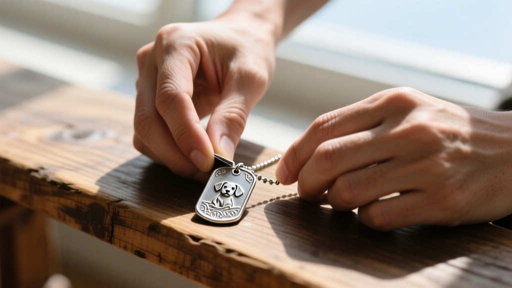 Hands using a microfiber cloth to polish a tarnished sterling silver necklace dog tag on a wooden bench under bright lighting.