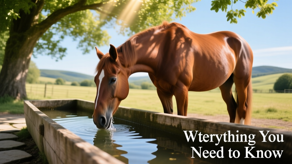A calm horse drinking fresh water from a clean, shaded trough on a sunny day