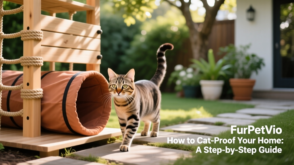 A cat exploring a secure, shaded backyard with a FurPetVo cat tunnel and climbing platform