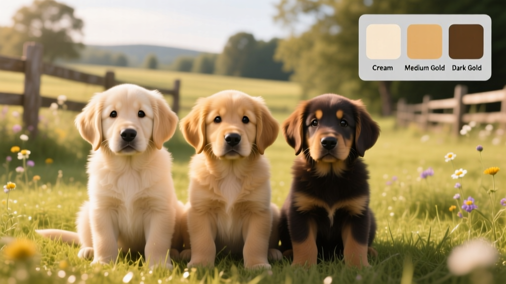 Golden Retriever puppy trio showcasing cream, medium gold, and dark gold coat variations side by side in natural sunlight