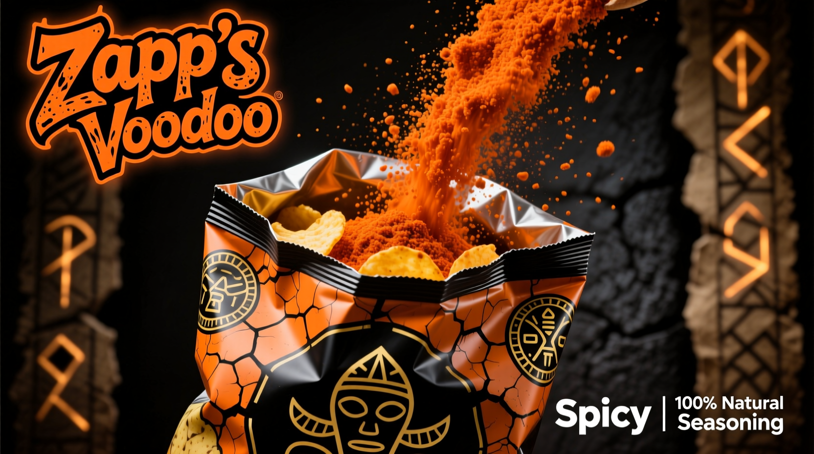 Zapp's Voodoo potato chips bag showing vibrant orange seasoning