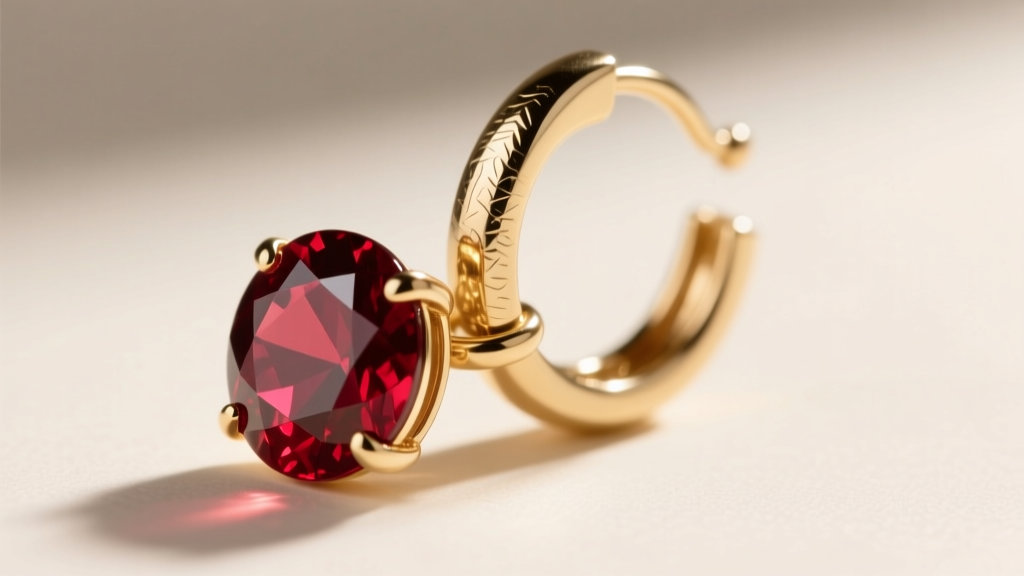 Macro view of 22-gauge 14k white gold jump ring connecting pyrope garnet charm to leverback earring, showing fine metal texture.