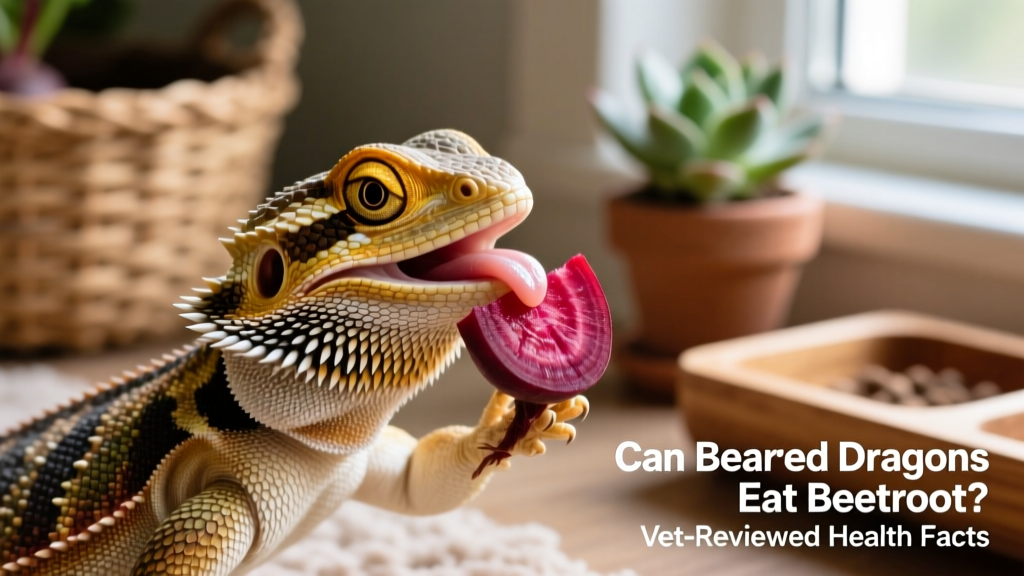 A bearded dragon gently holding a small slice of raw beetroot on its tongue