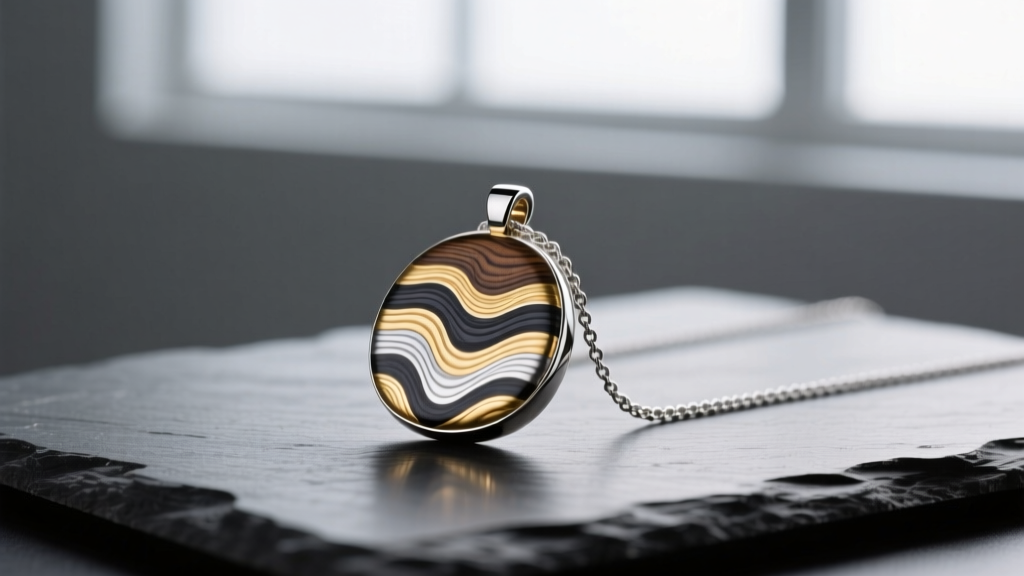 Mokume Gane pendant on a silver chain resting on dark slate, studio lighting highlighting the intricate wood-grain metal pattern.