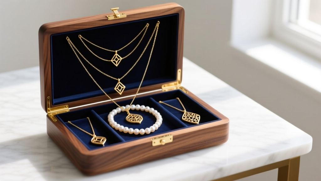Open walnut wood jewelry box with navy velvet lining displaying layered gold pendants and a pearl choker on a bright marble desk