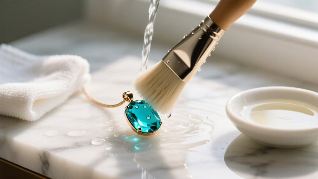 Soft brush cleaning a turquoise pendant under lukewarm water, beside a microfiber cloth and mild soap on a white marble surface.