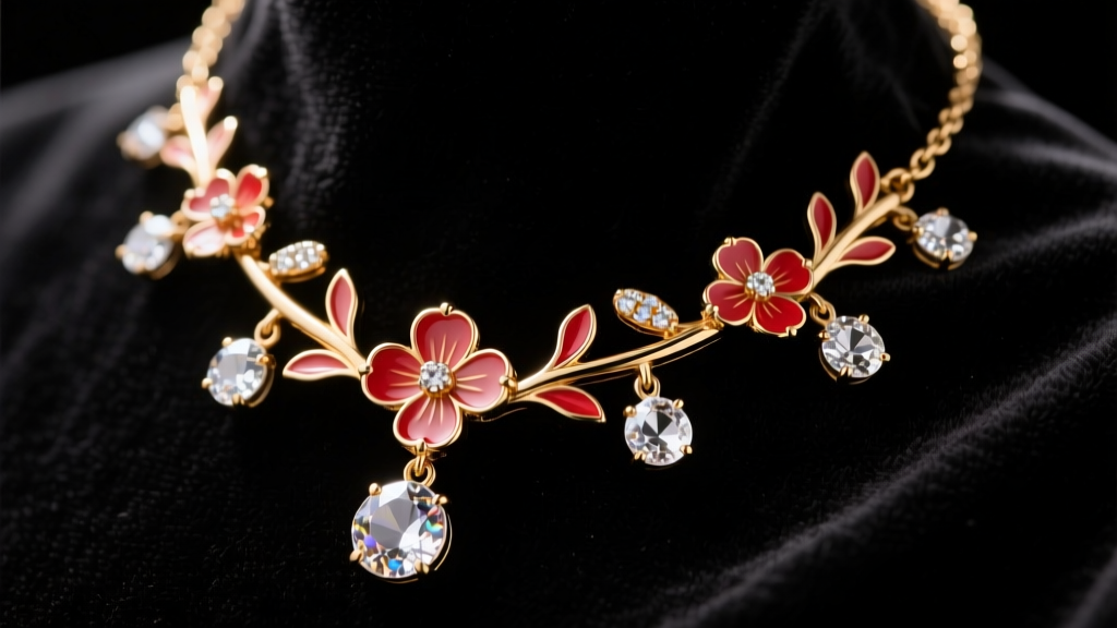 Macro shot of a gold-tone brass D&G necklace with red enamel floral motifs and crystal pendants on dark velvet.