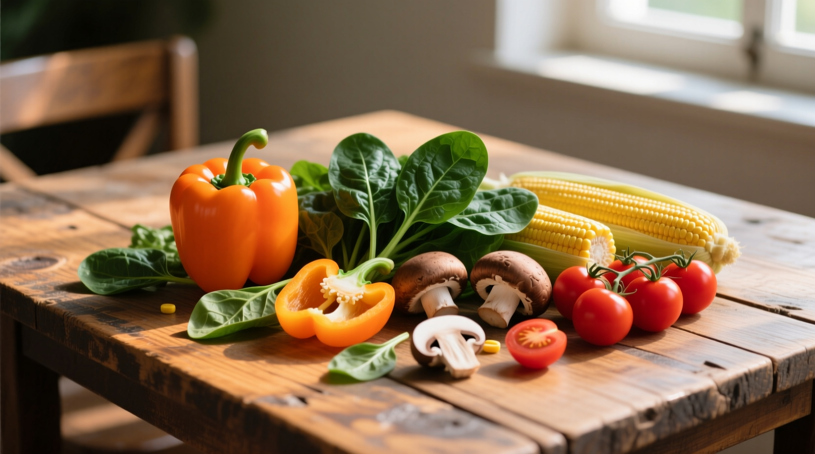 Colorful assortment of vitamin B rich foods on wooden table