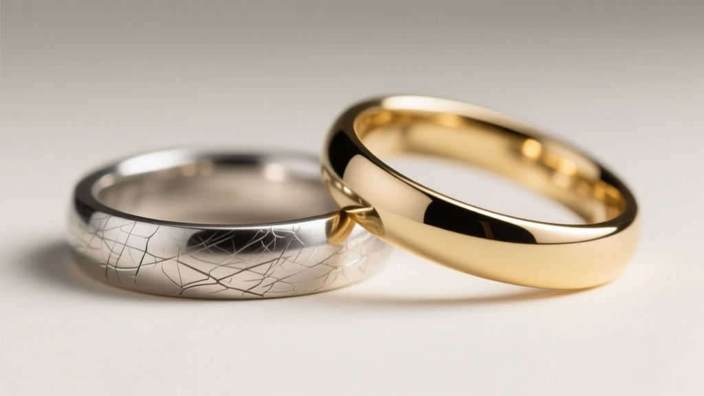 Macro shot of fine scratches on a worn sterling silver ring next to a pristine 18k white gold band under soft studio lighting