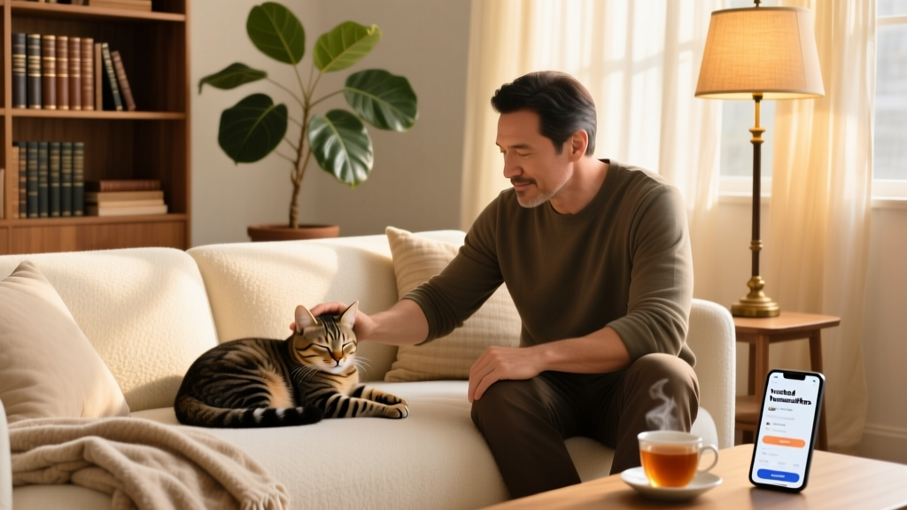Man gently playing with a relaxed cat on a cozy living room sofa