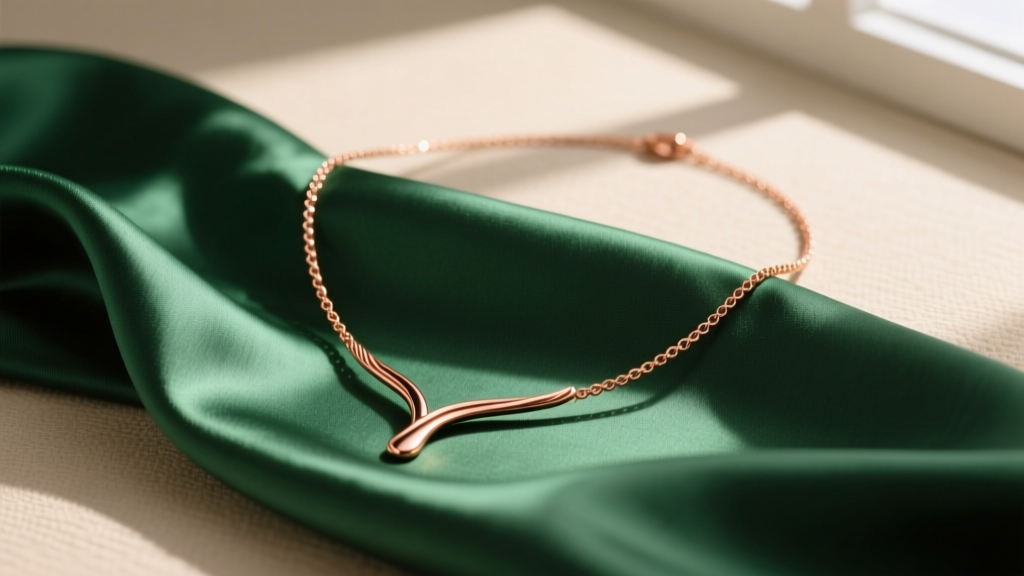 14k rose gold lariat necklace draped over emerald silk, showing warm copper tones and a 1.2mm Y-drop cable chain in soft light.