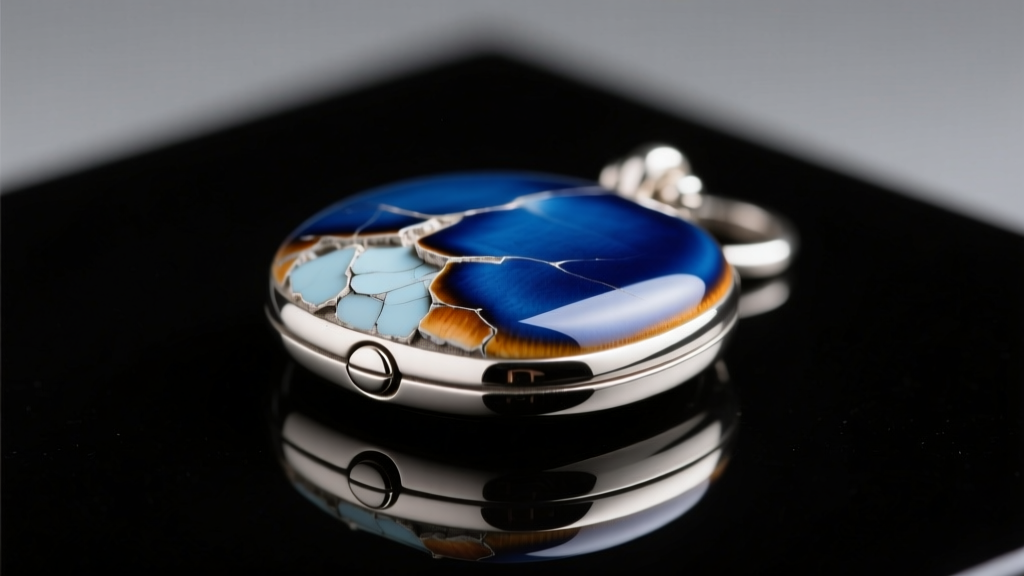 Macro shot of chipped cold epoxy enamel next to smooth kiln-fired vitreous enamel on a silver locket under bright lights.