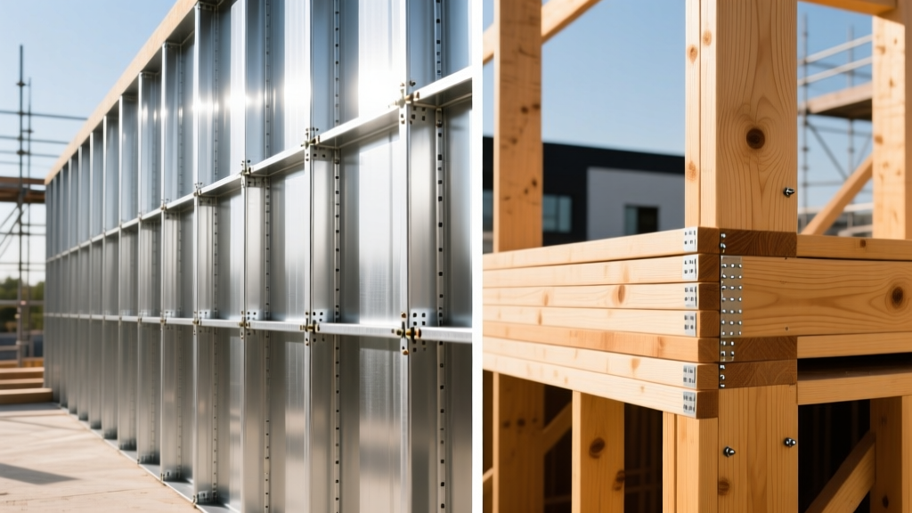 Split-screen construction site showing galvanized cold-formed steel studs on the left and traditional SPF wood framing on the right