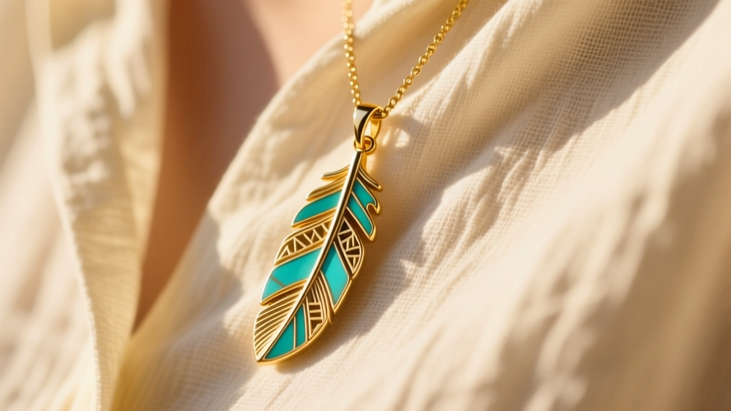 Close-up of a 14k gold vermeil feather pendant with turquoise inlay, layered over a cream linen blouse in warm natural sunlight