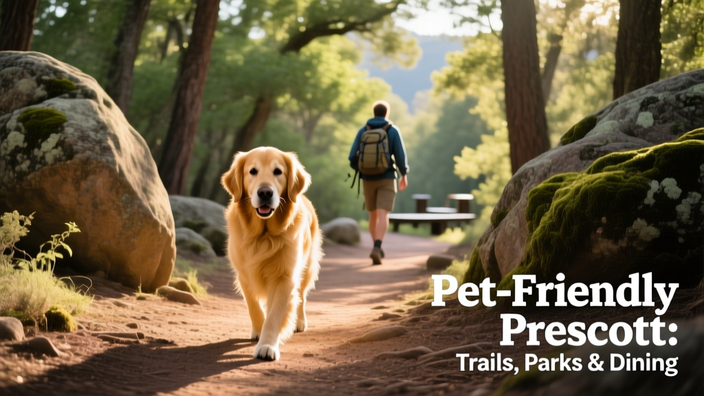 A golden retriever walking confidently along a shaded forest trail near granite boulders, with a hiker visible ahead