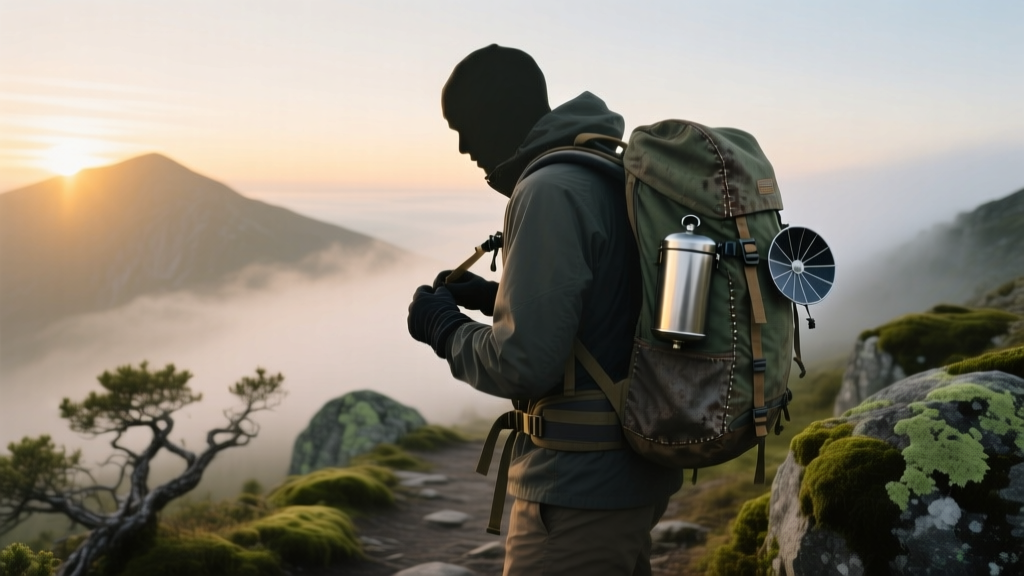 Hiker checking gear on a misty mountain trail before sunrise, focusing on a rugged backpack and satellite messenger.