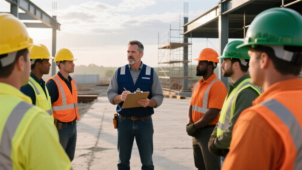 Superintendent leading hardhat-wearing tradespeople in a communication circle during a morning site tailgate meeting.