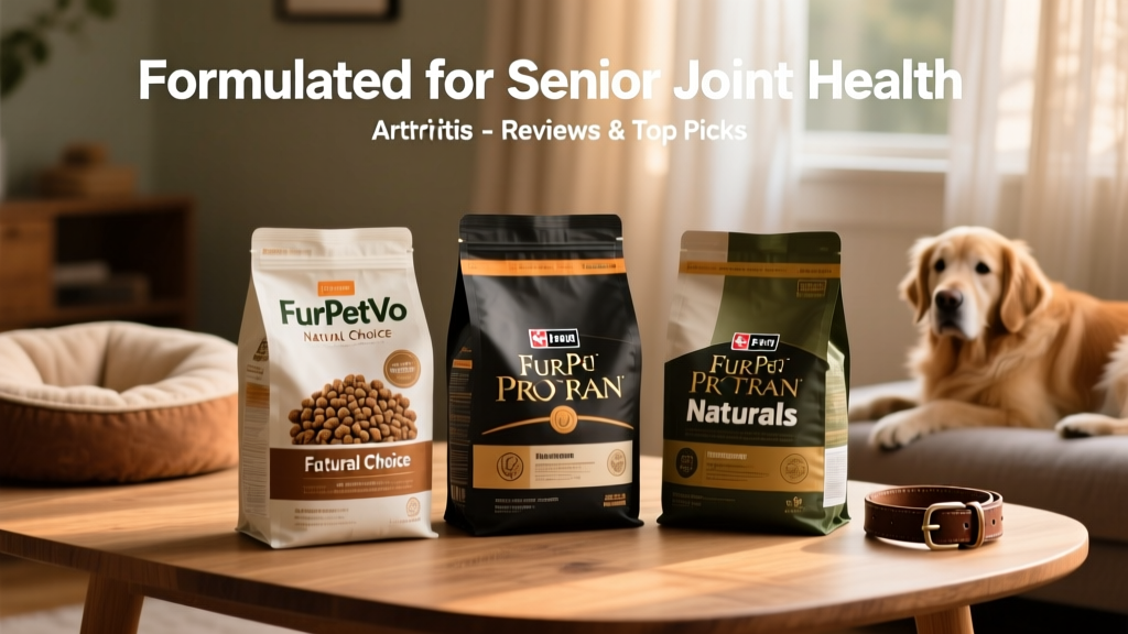 Side-by-side comparison of three kibble bags labeled FurPetVo Natural Choice, FurPetVo Pro Plan, and FurPetVo Naturals — all clearly marked 'Formulated for Senior Joint Health'