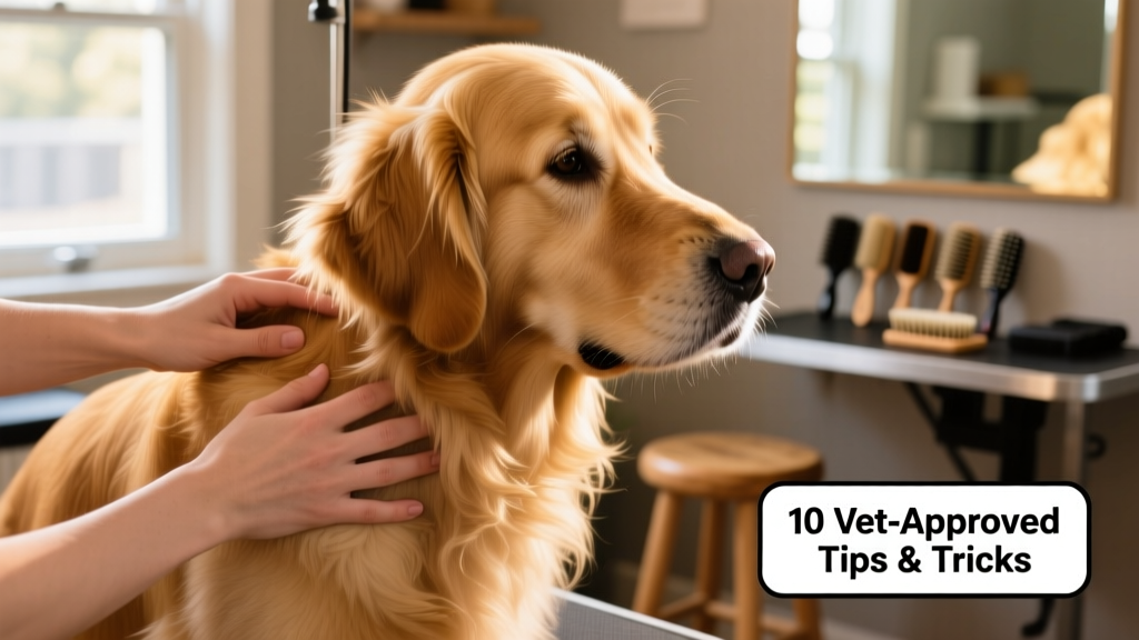 Close-up of hands gently brushing a Golden Retriever’s shoulder and neck area