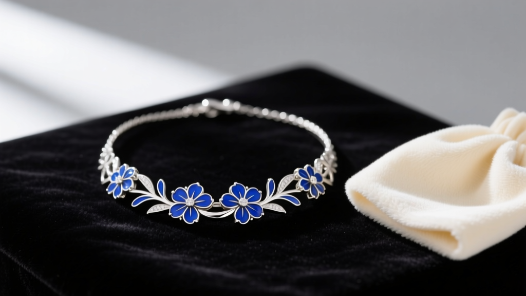 Sterling silver necklace with flowers made of vibrant blue enamel resting on dark velvet next to a soft microfiber polishing cloth.
