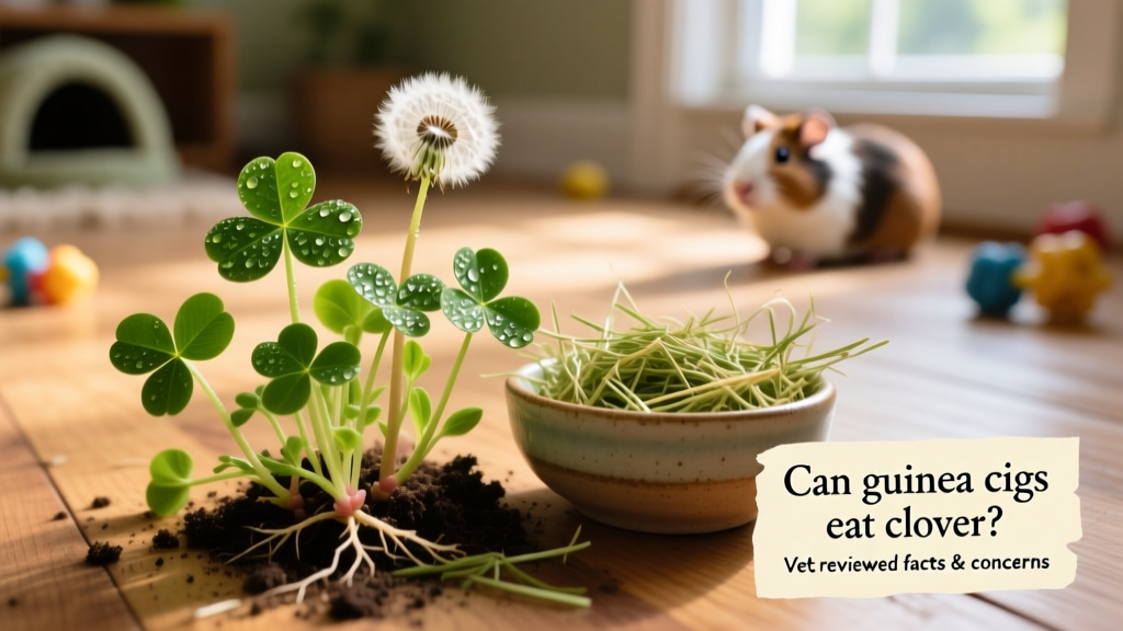 Close-up of fresh clover sprouts and dandelion greens arranged beside a small bowl of timothy hay