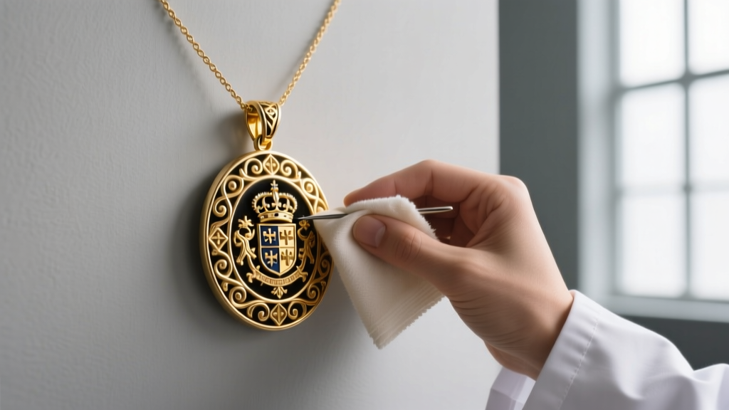 Jeweler using a microfiber cloth and polish to clean the intricate grooves of a gold vermeil prince sign necklace signet pendant