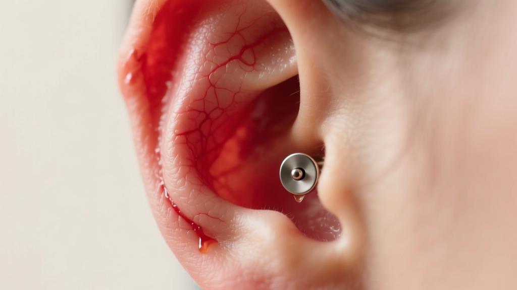 Close-up of an inflamed earlobe wearing a cheap metal stud, showing redness and slight swelling against a soft clinical background