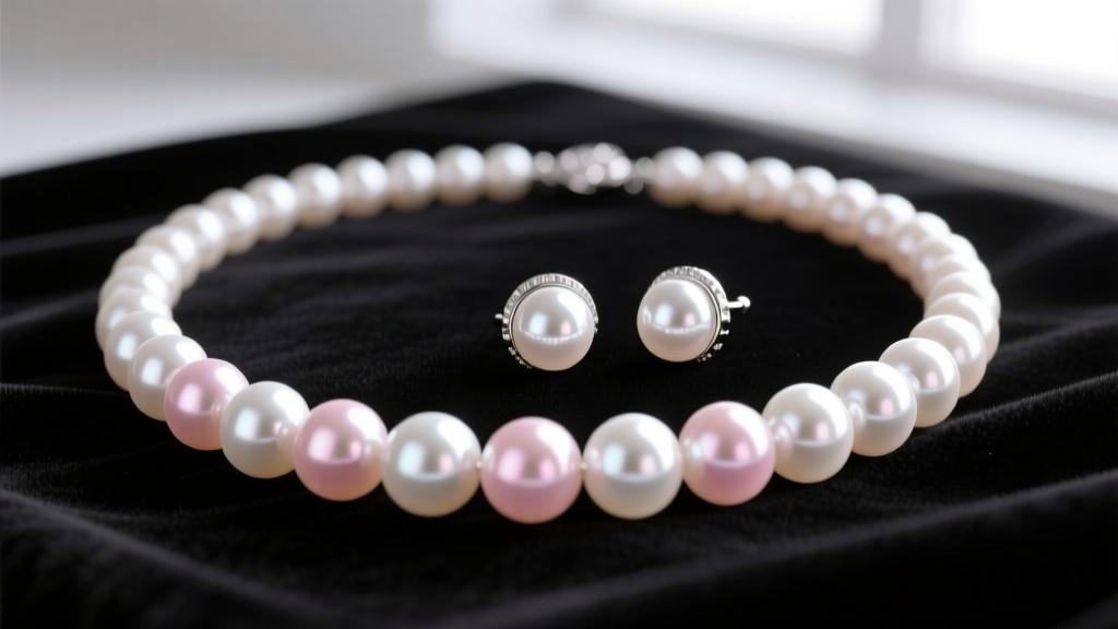 Macro view of Akoya pearl necklace and stud earrings on black velvet, highlighting sharp reflections and subtle rose overtones