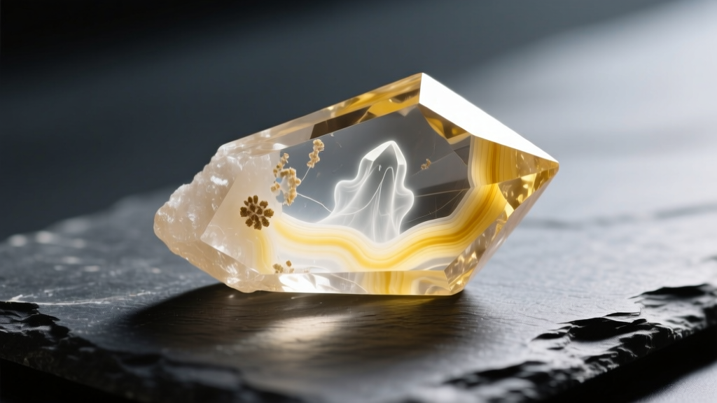 Macro shot of an uncut raw citrine crystal point on slate, lit to reveal internal phantom inclusions and pale yellow color zoning.