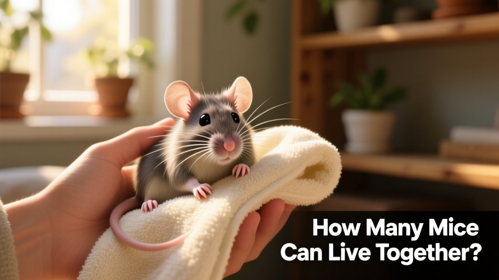 Hand gently holding a calm, relaxed pet mouse on a soft towel