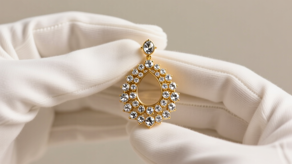 Cotton gloves holding an Indian Kundan earring with uncut polki diamonds and gold foil backing under soft diffused lighting.
