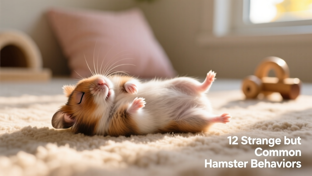 Hamster lying relaxed on its back, paws gently resting on chest, eyes closed