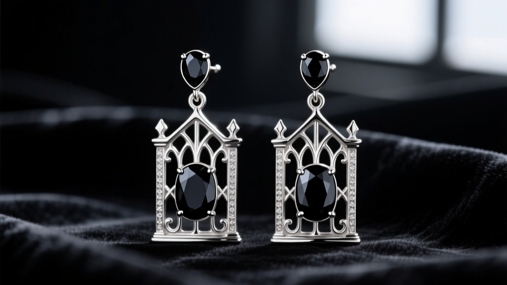 Moody close-up of 925 sterling silver haunted mansion earrings featuring wrought iron gates and black onyx gems on dark velvet.