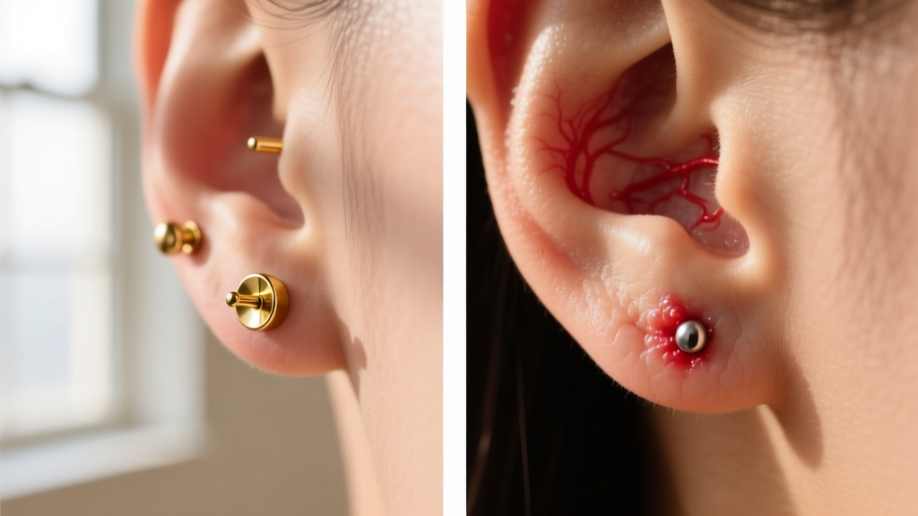 Comparison of a healthy 14-gauge cartilage piercing with a gold stud and an irritated, swollen piercing showing severe redness