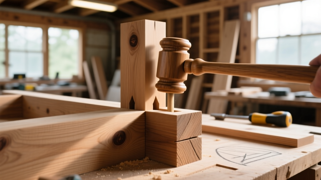 Close-up of a heavy timber mortise and tenon joint being fitted together with a wooden mallet in a bright timber framing workshop