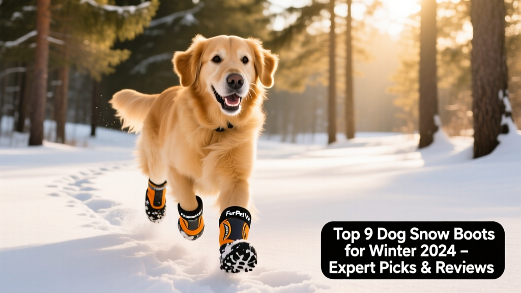 A golden retriever happily trotting through fresh snow wearing FurPetVo TrailTread Pro boots, with snow clinging lightly to the soles
