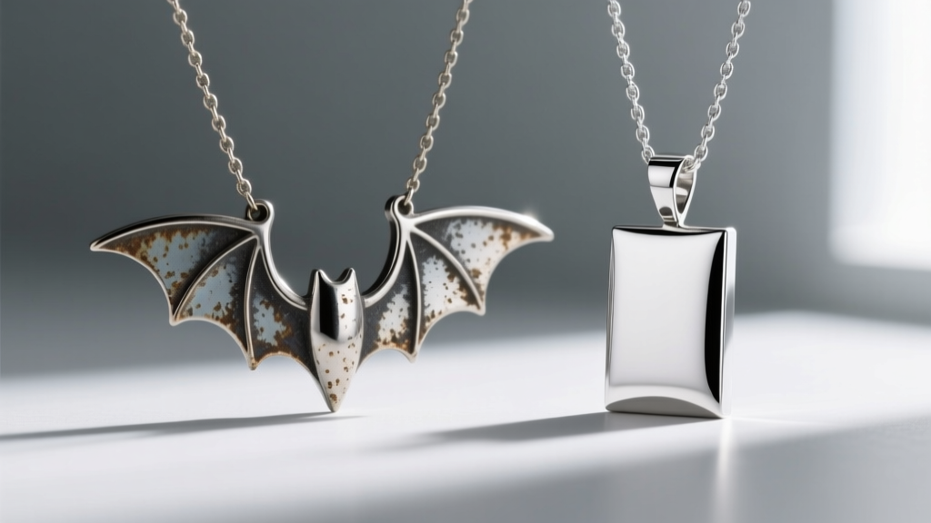 Macro comparison shot showing a tarnished zinc alloy bat wing necklace next to a bright, untarnished 316L surgical steel pendant