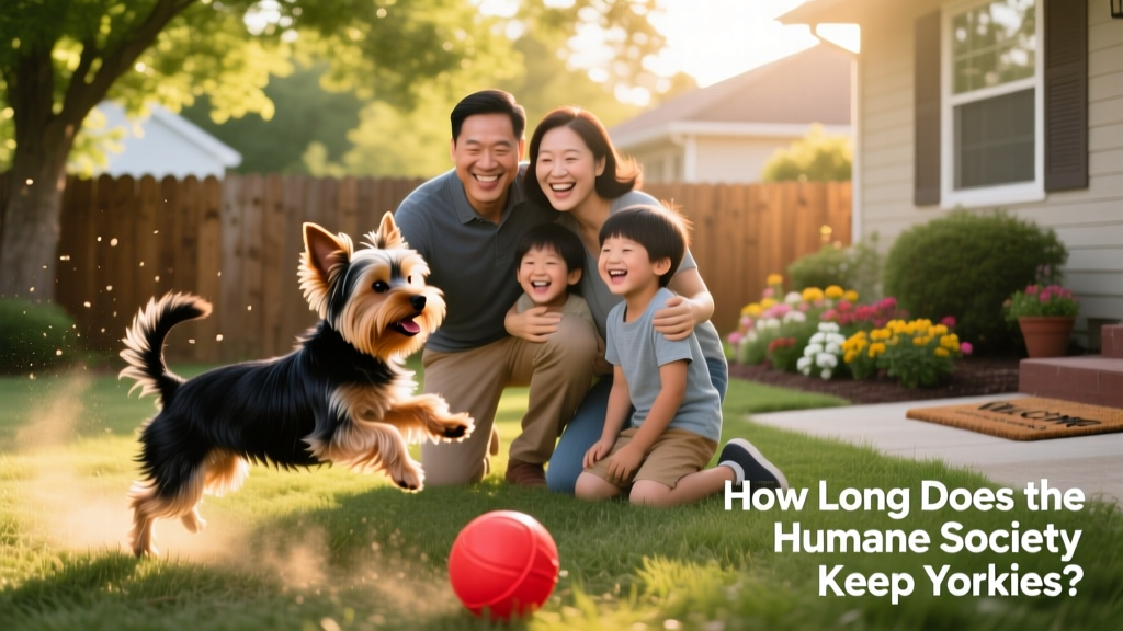 A Yorkie happily playing in a sunlit backyard with a new family, showing signs of comfort and joy