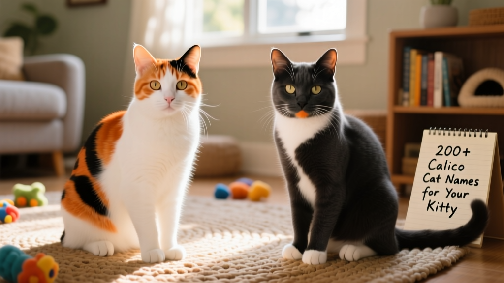 Side-by-side comparison of two calico cats: one with a predominantly white coat and bold orange/black patches, the other with a dark base and subtle white/orange accents